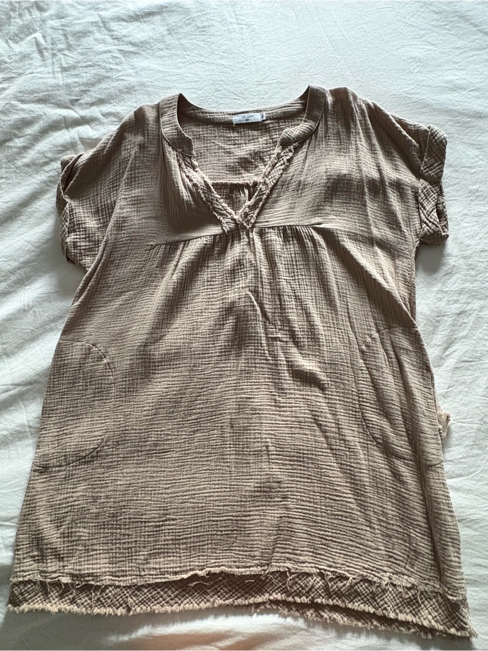 ARCADIA Crinkle Cotton Double Gauze Dress Boho Raw Hem Cream S/M